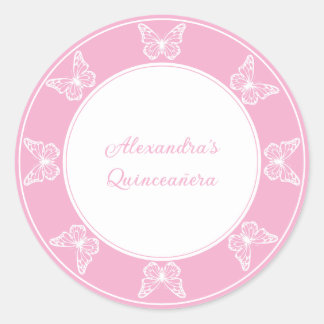 Pegatina Redonda Elegante Quinceañera Rosa - Clásica mariposa