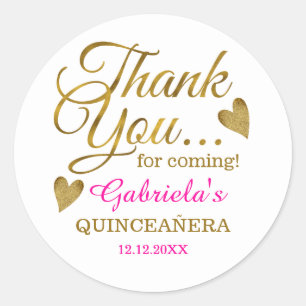 Pegatina Redonda Elegante Quinceanera Rosa Y Oro Gracias