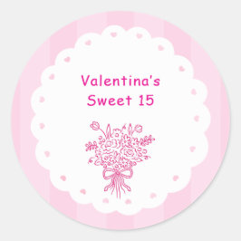 Pegatina Redonda Elegante Ramo Floral de Quinceañera | Rosa y Blanc