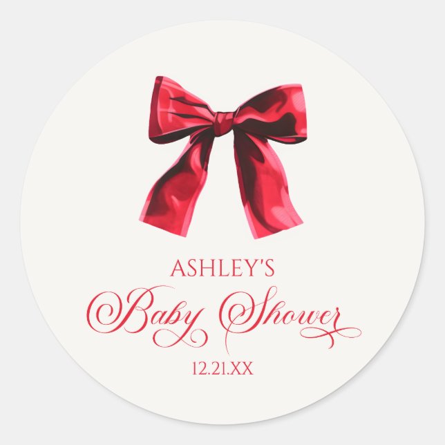 Pegatina Redonda Elegante Red Coquette Bow Baby Shower (Anverso)