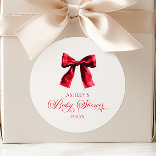 Pegatina Redonda Elegante Red Coquette Bow Baby Shower