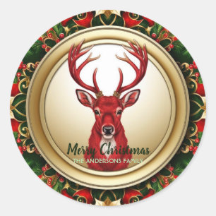 Pegatina Redonda Elegante Red Deer Wreath Holly Berries Gold Xmas