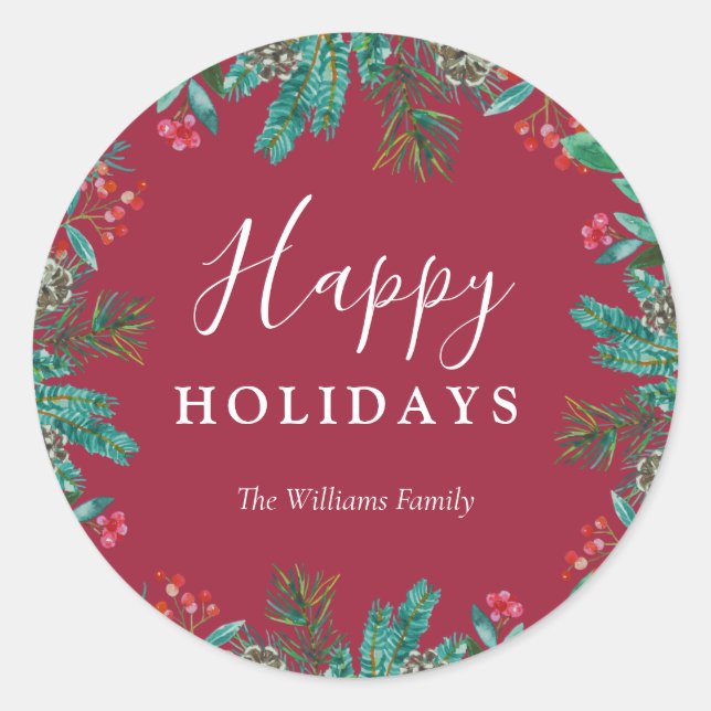 Pegatina Redonda Elegante Red Happy Holidays Wreath Family Name (Anverso)