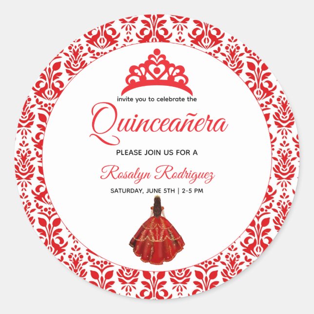 Pegatina Redonda Elegante Red Royal Quinceañera (Anverso)