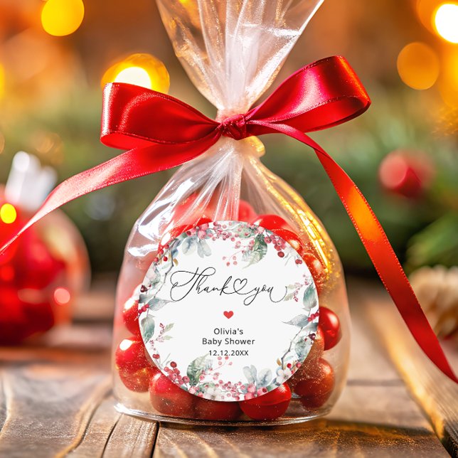 Pegatina Redonda Elegante Red Winter Floral Baby Shower Gracias (Subido por el creador)