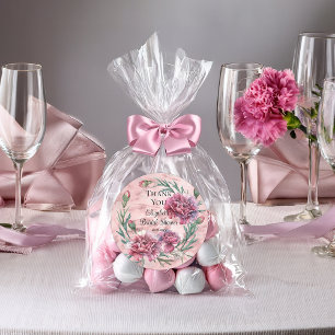 Pegatina Redonda Elegante Regadera de Bodas con Claveles Rosados