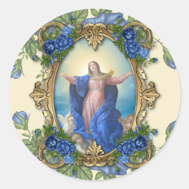 Pegatina Redonda Elegante religiosa Virgen María Flores Azules Vint (Anverso)