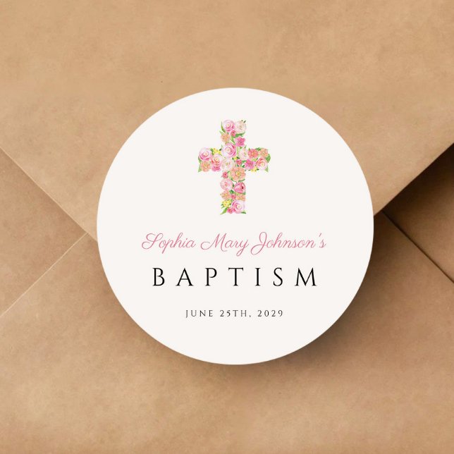 Pegatina Redonda Elegante Religioso Rosa Floral Cruz Bautizo (Elegant Religious Pink Floral Cross Baptism Classic Round Sticker)