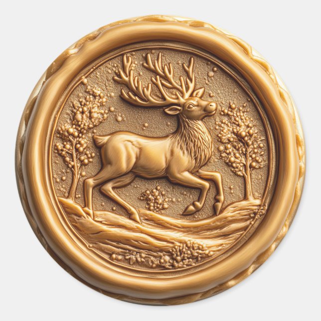 Pegatina Redonda Elegante Reno de Oro Vacaciones de Navidad (Anverso)