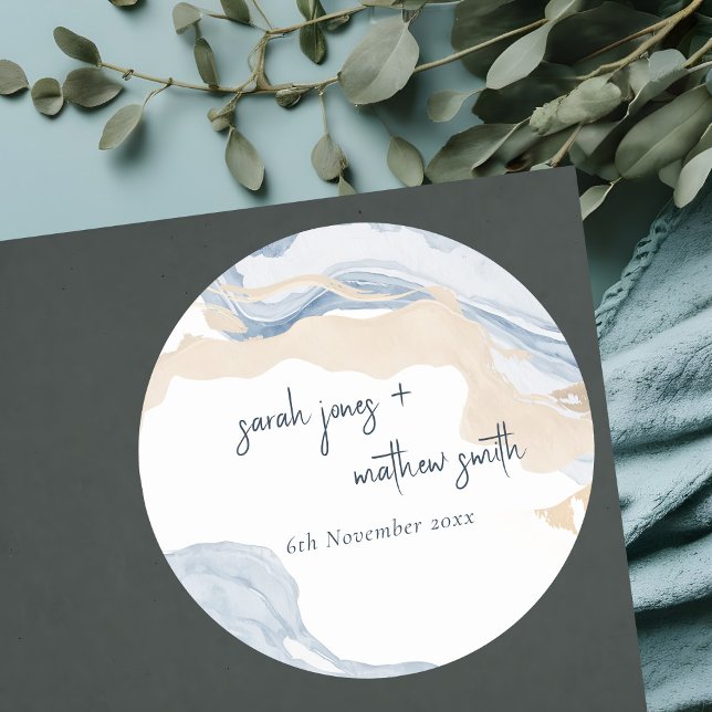 Pegatina Redonda Elegante Resumen Boda de Playa Azul Beige Costa (Subido por el creador)