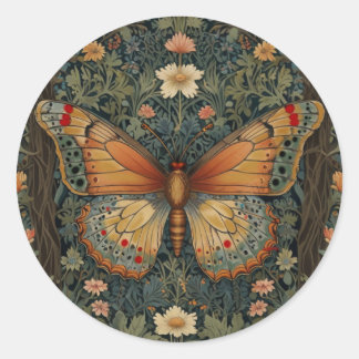 Pegatina Redonda Elegante retro boho mariposa vegetación botánica