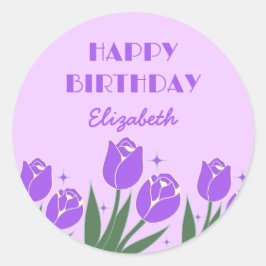 Pegatina Redonda Elegante Retro Tulip Floral Purple Cumpleaños