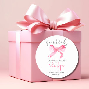Pegatina Redonda Elegante Ribbon Bows Rosa y Baby Girl Baby Shower