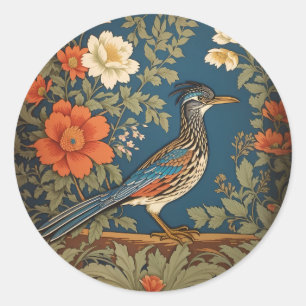 Pegatina Redonda Elegante Roadrunner Bird William Morris Inspirado