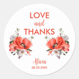 Pegatina Redonda Elegante Rojo Poppy Verde Amor y Gracias