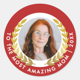 Pegatina Redonda Elegante Rojo Y Blanco Con Foto De Premio A La Lea