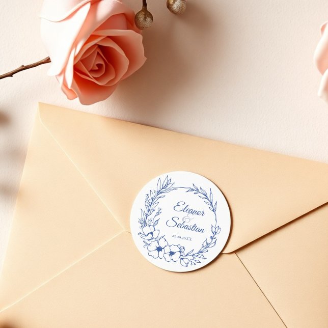 Pegatina Redonda Elegante Romance de época Dusty Blue Floral Boda (Subido por el creador)