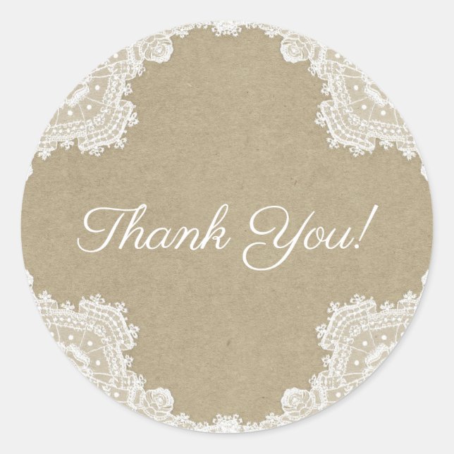 Pegatina Redonda Elegante Romance Rústico Blanco Lace & Kraft Boda (Anverso)