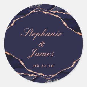 Pegatina Redonda Elegante Rosa azul de la Marina Relieve metalizado