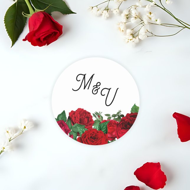 Pegatina Redonda Elegante Rosa Boda Monograma Clásico Personalizado (Round sticker with white background, Monogram letters and rose accents.)