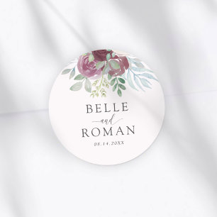 Pegatina Redonda Elegante Rosa Burgundy Acuarela Boda  