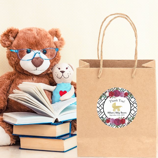 Pegatina Redonda Elegante Rosa Carrito De Bebé De Oro Gracias (Subido por el creador)