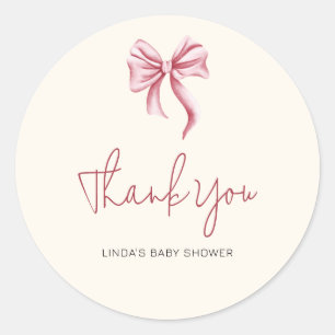 Pegatina Redonda Elegante Rosa Crema Niña Lazo Baby Shower Agradeci