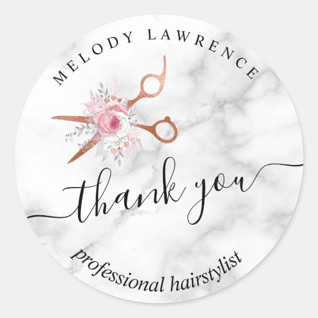 Pegatina Redonda Elegante rosa de cobre tijeras de oro peinado (Anverso)