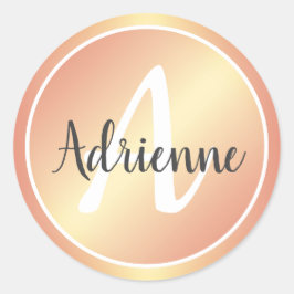 Pegatina Redonda Elegante Rosa Dorado Pastel Rosa Amarillo Monogram