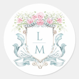 Pegatina Redonda Elegante Rosa Escudo con Bow | Boda de monograma