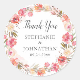 Pegatina Redonda Elegante Rosa Flor de Melocotón Agradecimiento con