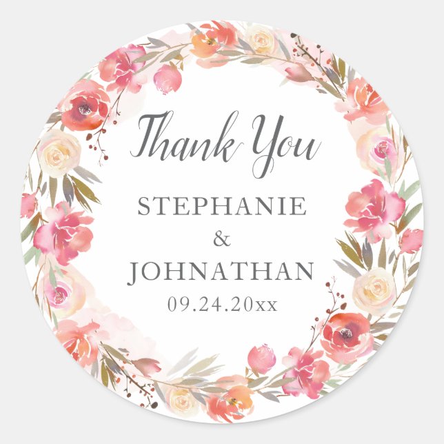 Pegatina Redonda Elegante Rosa Flor de Melocotón Agradecimiento con (Anverso)