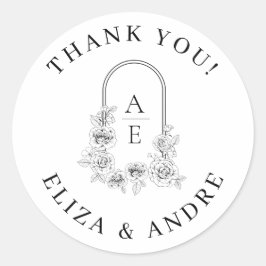 Pegatina Redonda Elegante Rosa floral Parejas de guirnaldas Monogra