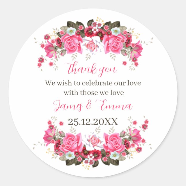 Pegatina Redonda Elegante Rosa Flower Custom Wedding (Anverso)