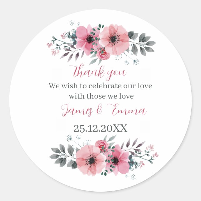 Pegatina Redonda Elegante Rosa Flower Custom Wedding (Anverso)