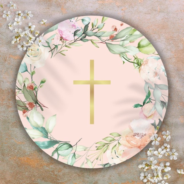 Pegatina Redonda Elegante Rosa Garland Floral (Elegant Gold Cross Woodland Rose Garland Floral Classic Round Sticker)
