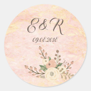 Pegatina Redonda Elegante Rosa Mármol Chic Floral Boda