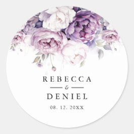 Pegatina Redonda Elegante Rosa morado acuarela Boda floral