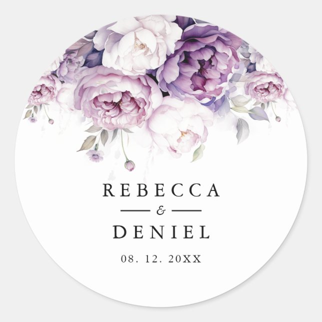 Pegatina Redonda Elegante Rosa morado acuarela Boda floral (Anverso)