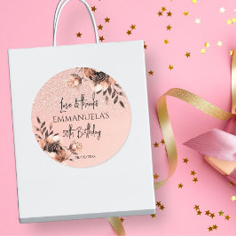 Pegatina Redonda Elegante rosa negro cumpleaños de oro gracias favo