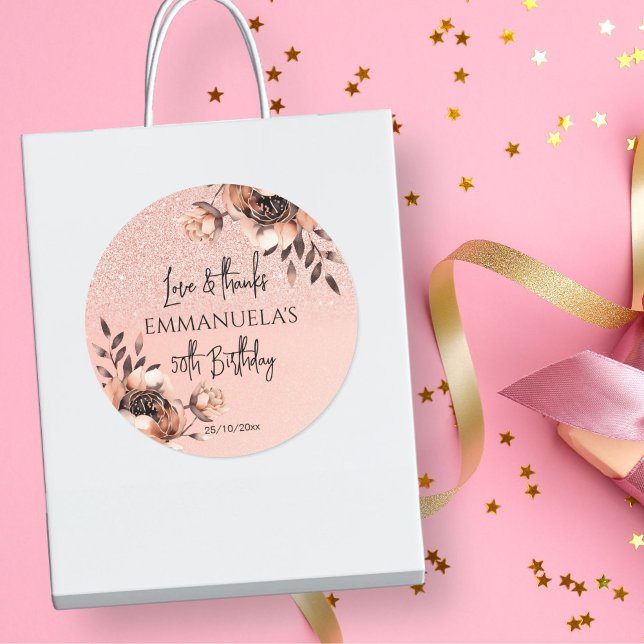 Pegatina Redonda Elegante rosa negro cumpleaños de oro gracias favo (Elegant black rose gold birthday party thank you favor  stickers party favors 50th 60th 40th party)