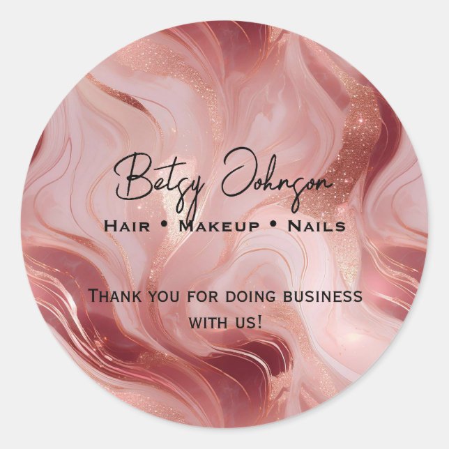 Pegatina Redonda Elegante Rosa Oro y Purpurina Marble Gracias (Anverso)