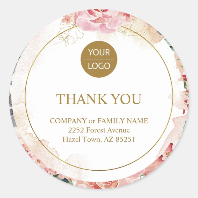 Pegatina Redonda Elegante rosa personalizado de flores pastel "Grac (Anverso)
