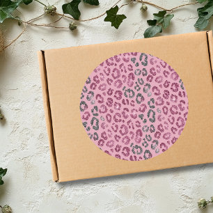 Pegatina Redonda Elegante Rosa Plata Brillante Leopardo sobre Dorad