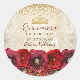 Pegatina Redonda Elegante Rosa Roja Floral Quinceañera 