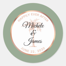 Pegatina Redonda Elegante Rosa Sage Palm Tree Tropical Boda