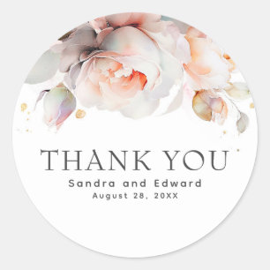 Pegatina Redonda Elegante Rosa suave Flores Botánicas Gracias