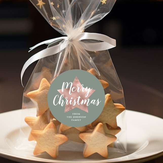Pegatina Redonda Elegante Rosa verde sabio Navidades estrella del o (Modern Sage Green Rose Gold Star Christmas Classic Round Sticker)