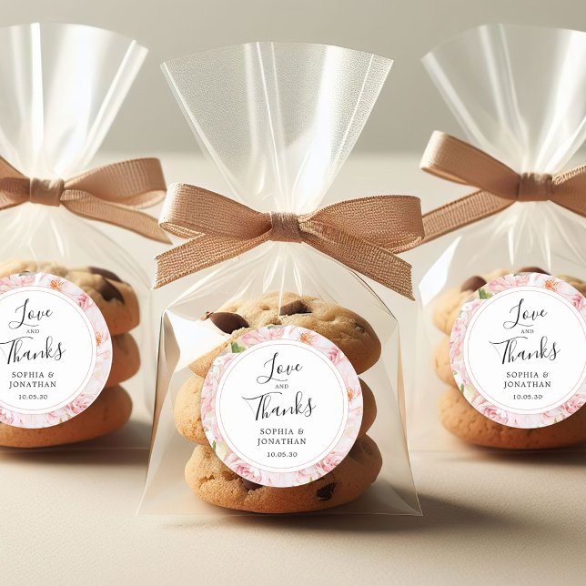 Pegatina Redonda Elegante Roses Rosa Favor De Boda Gracias (Elegant Pink Roses Love and Thanks Wedding Favor Stickers)