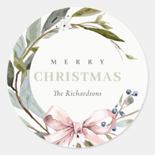 Pegatina Redonda Elegante Rubor Blue Green Winter Navidades Wreath